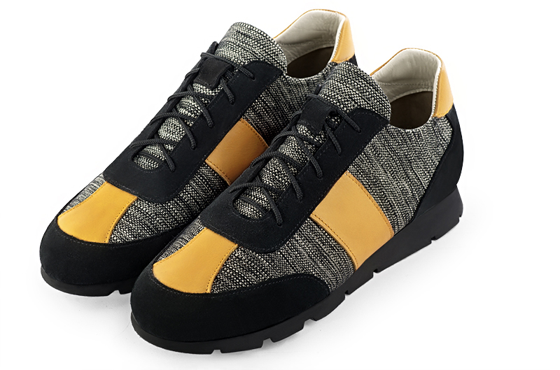 Matt black and mustard yellow two-tone dress sneakers for men. Round toe. Flat rubber soles - Florence KOOIJMAN